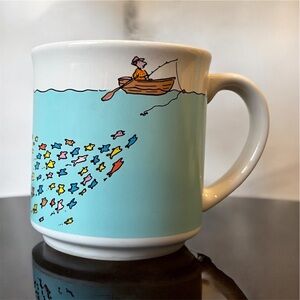 1980s Recycled Paper Products Dreams Can Come True Fishing Cartoon Mug Vintage